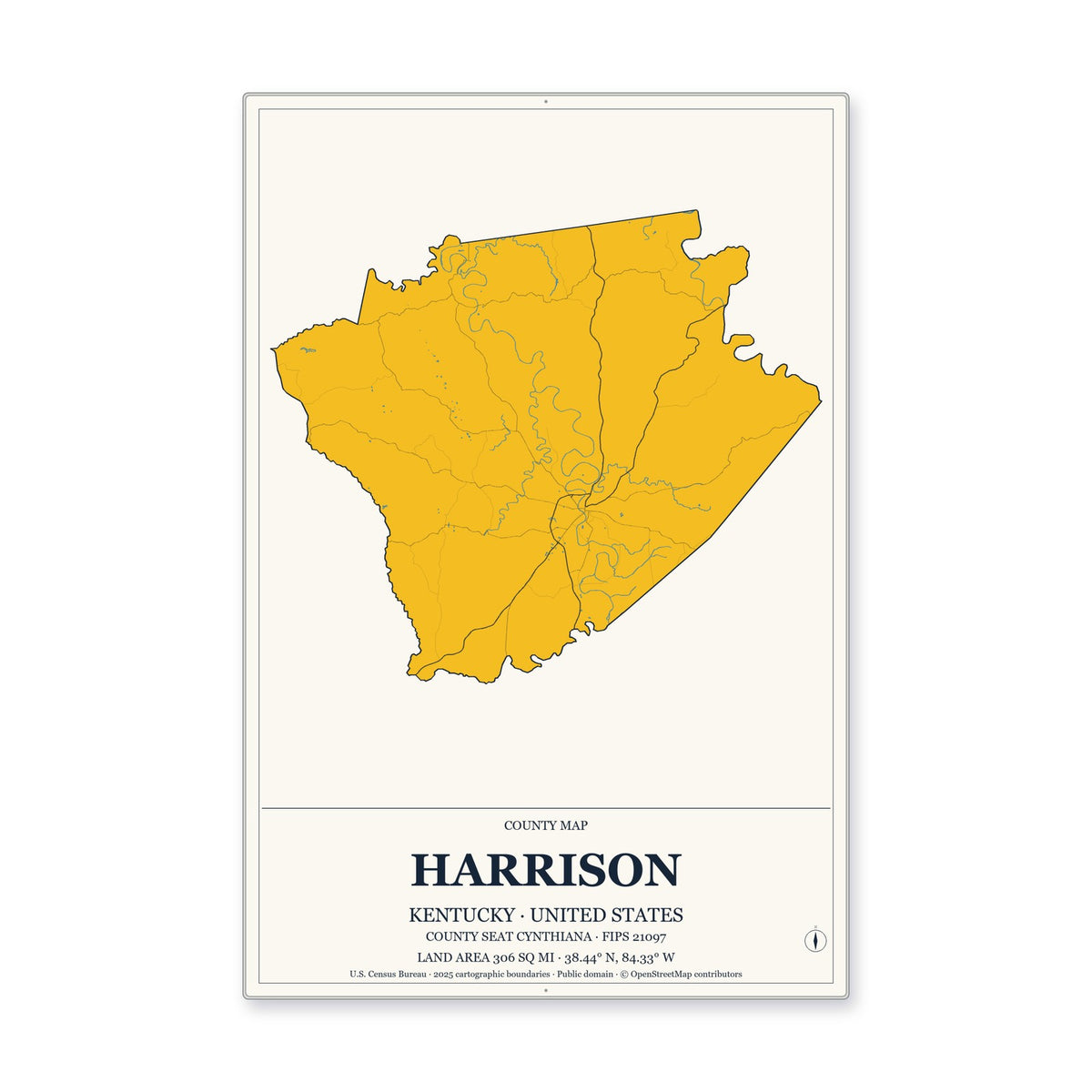 Harrison County, Kentucky Map Aluminum Sign in Citrine Modern style