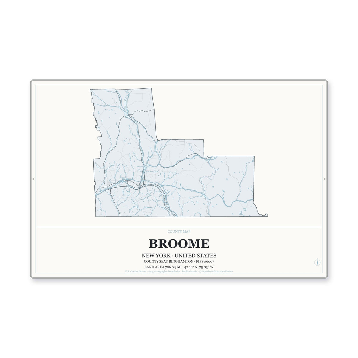 Broome County, New York Map Aluminum Sign in Gallery Air style