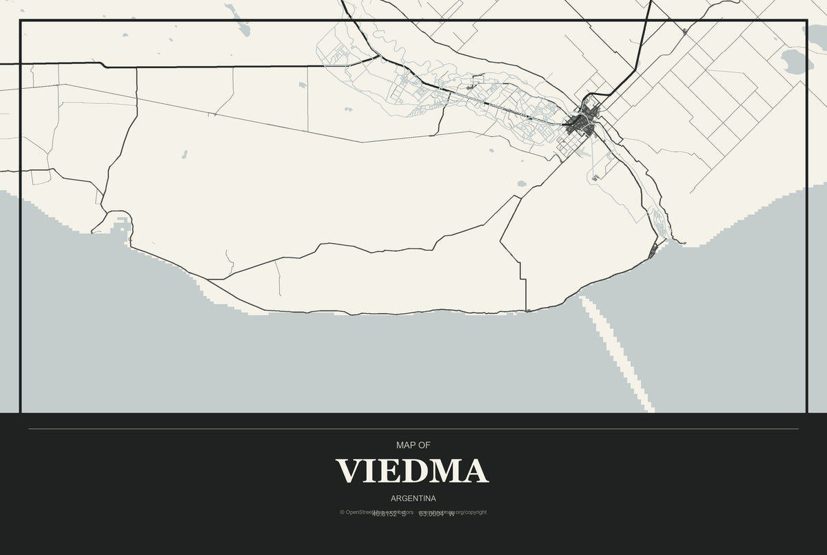 Viedma, Argentina City Map Aluminum Sign in Museum Plaque style