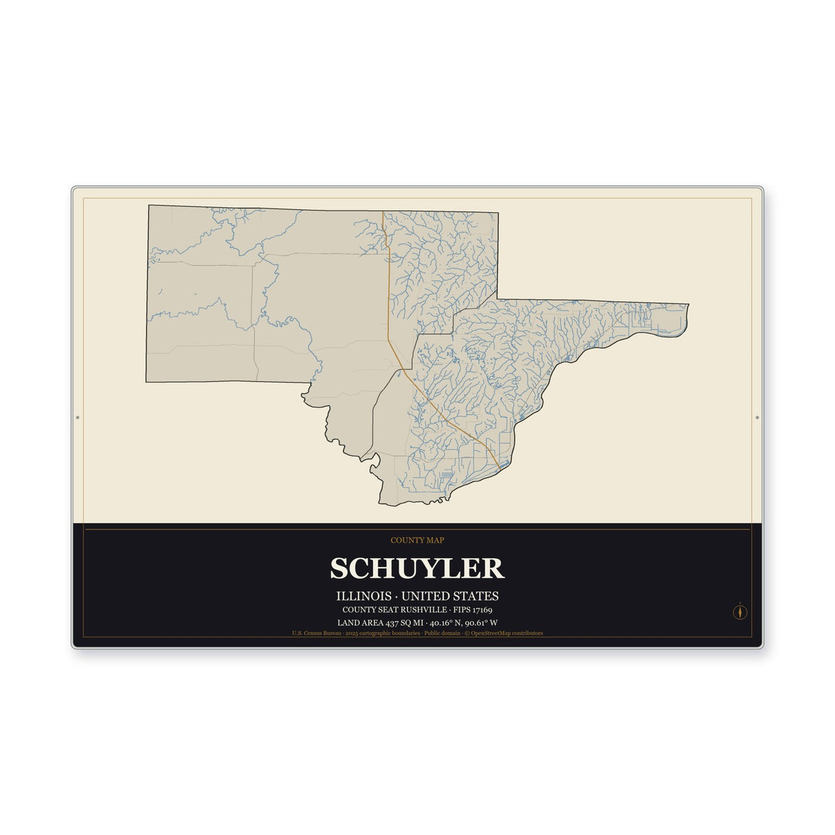Schuyler County, Illinois Map Aluminum Sign in Museum Plaque style