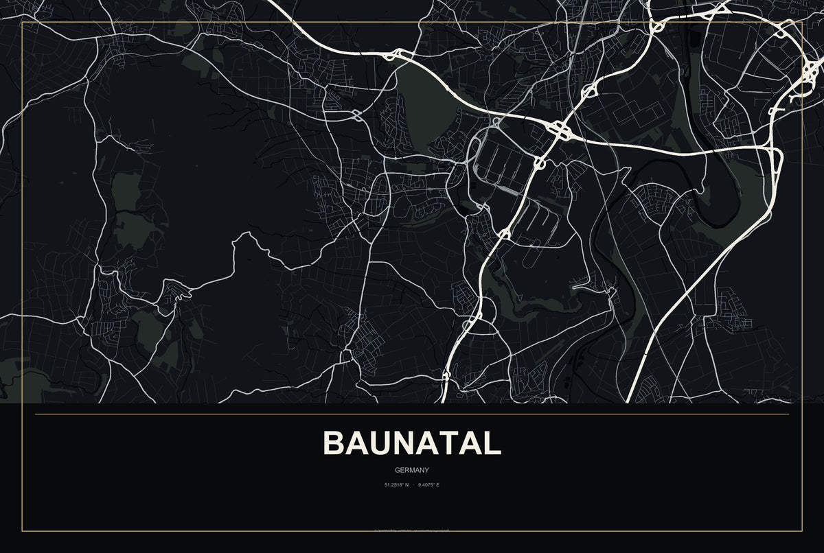 Baunatal, Germany City Map Aluminum Sign in Metropolitan Noir style