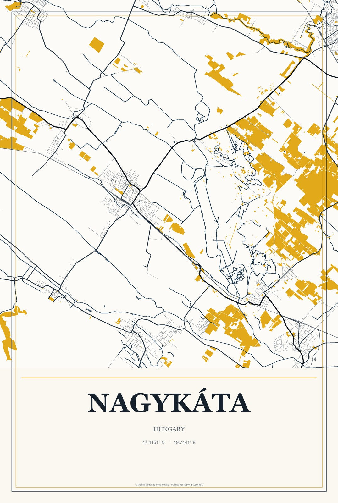 Nagykáta, Hungary City Map Aluminum Sign in Citrine Modern style
