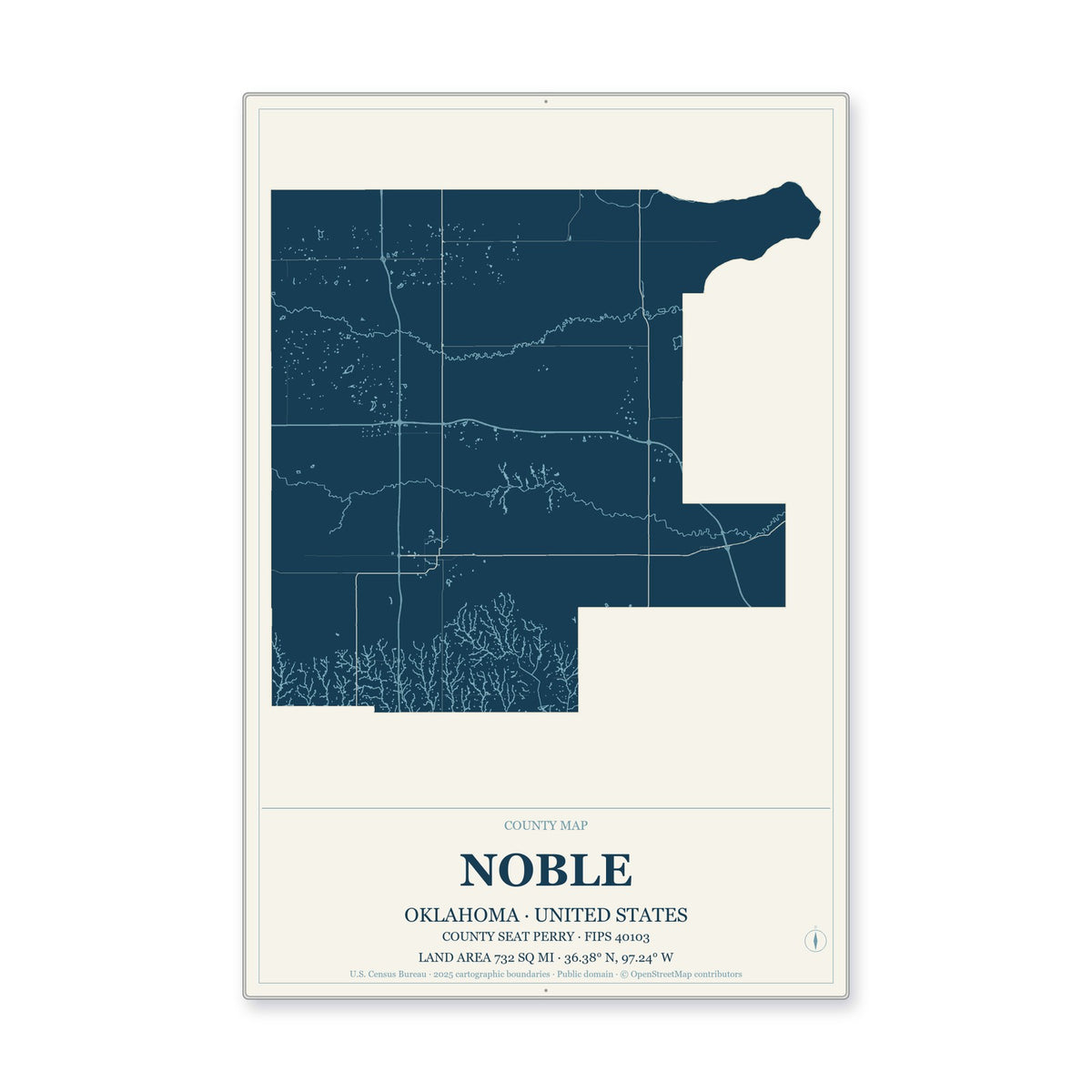 Noble County, Oklahoma Map Aluminum Sign in Coastal Cutout style