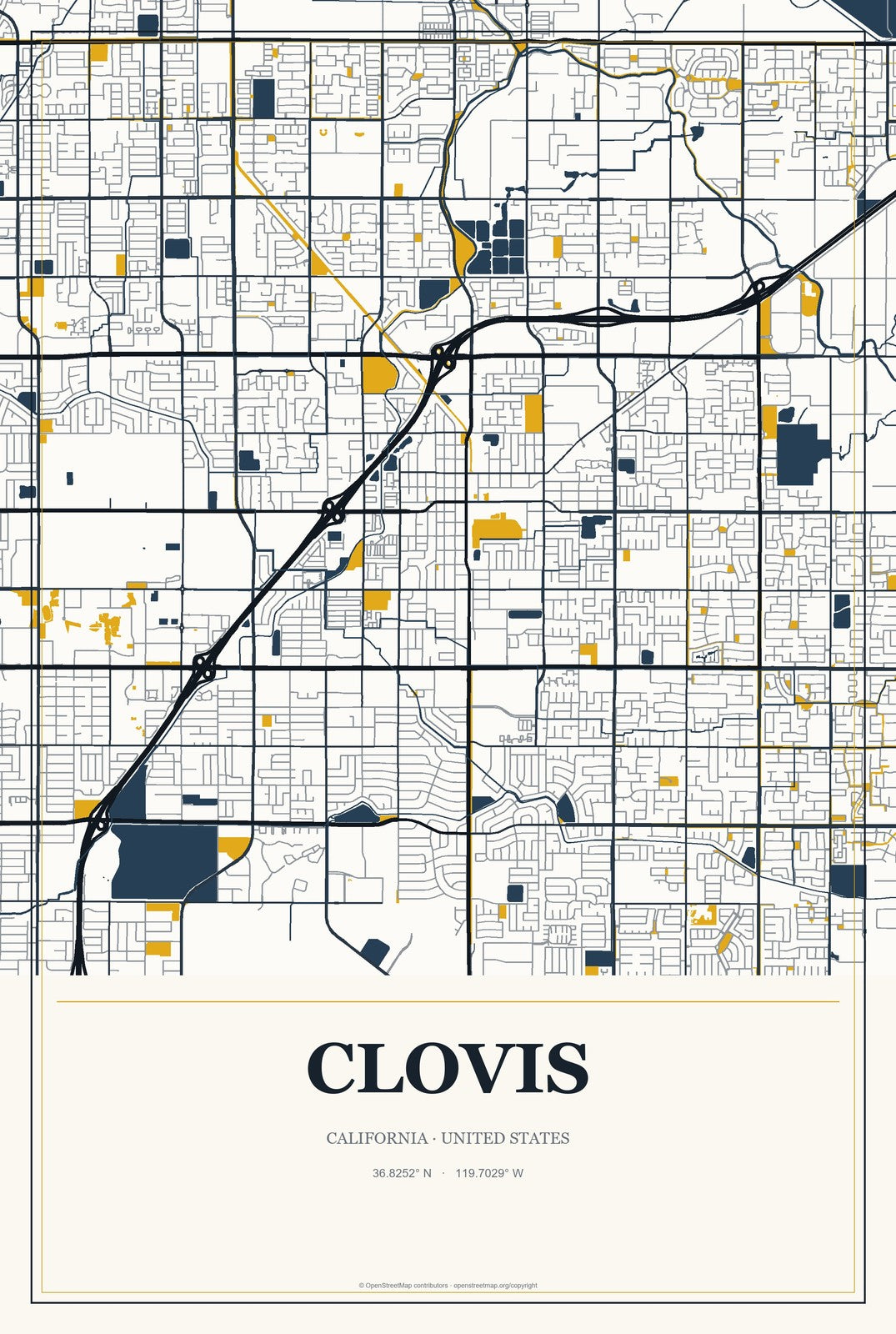 Clovis, California City Map Aluminum Sign in Citrine Modern style