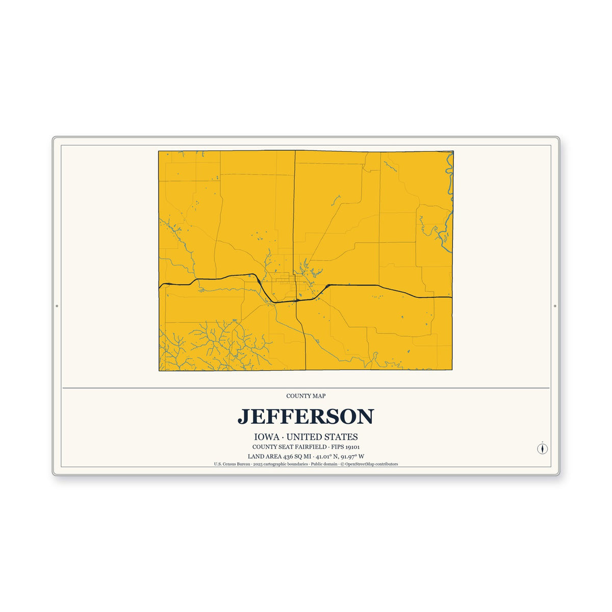 Jefferson County, Iowa Map Aluminum Sign in Citrine Modern style