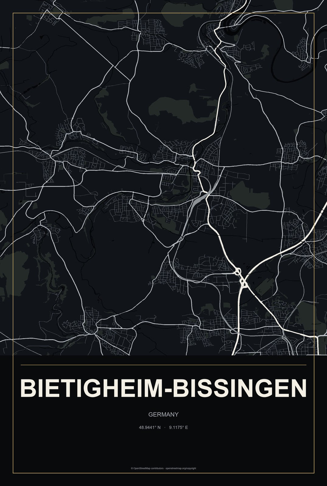 Bietigheim-Bissingen, Germany City Map Aluminum Sign in Metropolitan Noir style