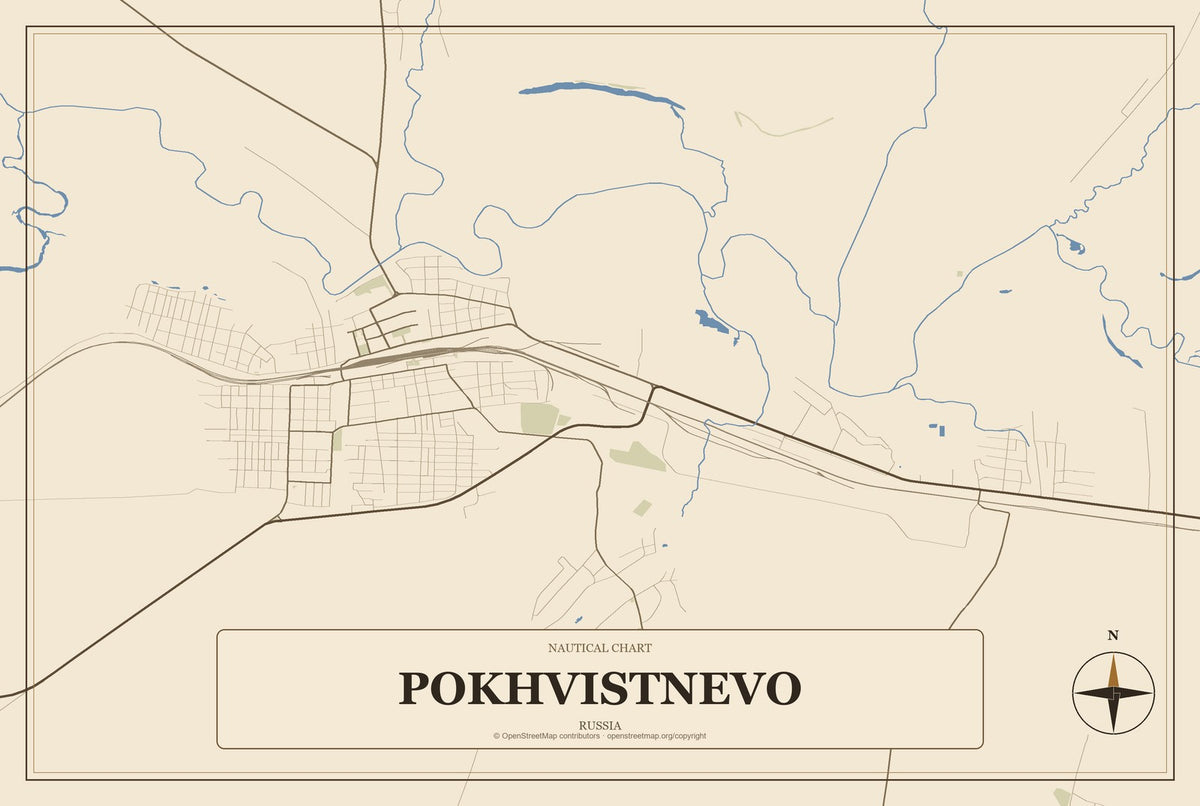 Pokhvistnevo, Russia City Map Aluminum Sign in Heritage Nautical style
