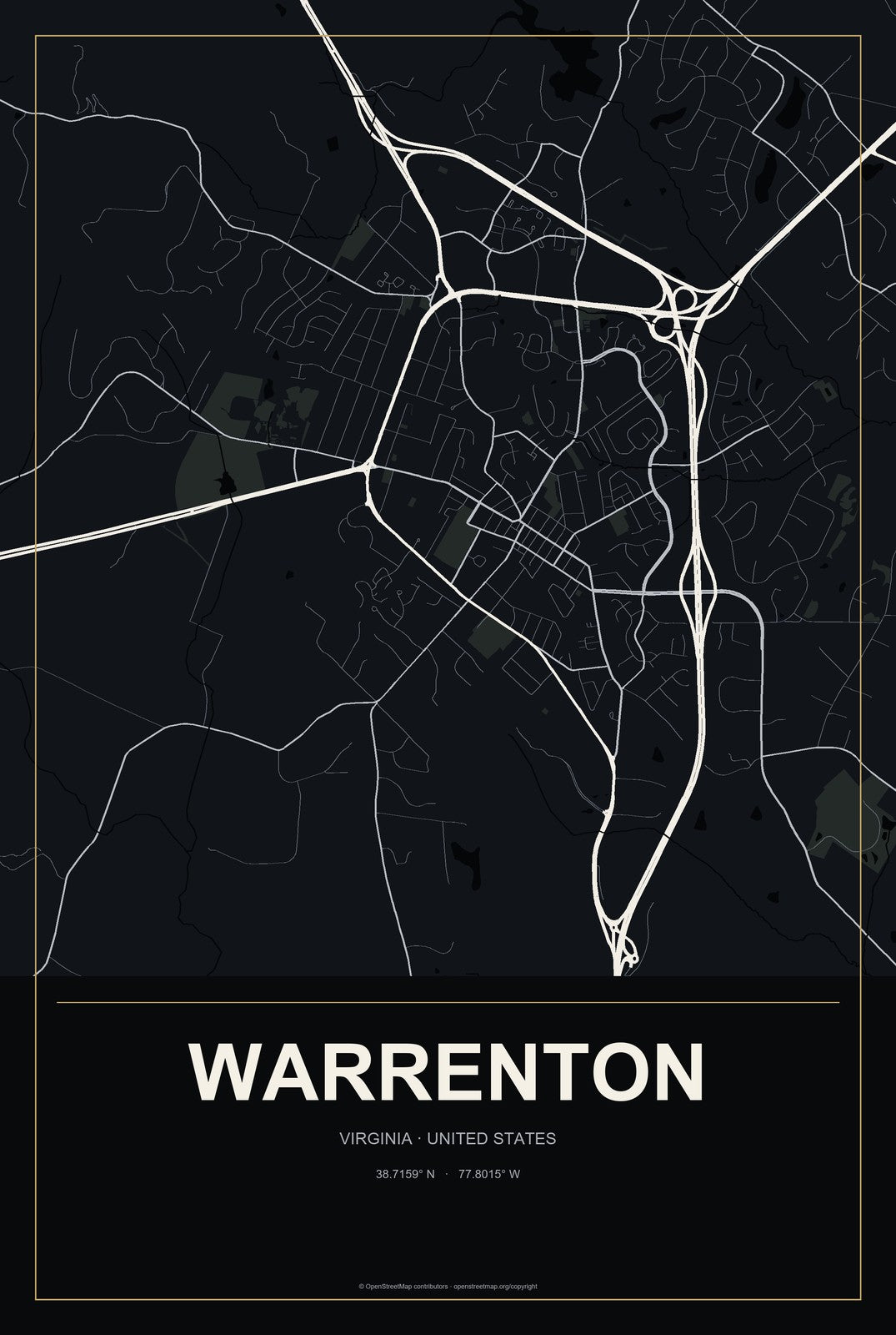 Warrenton, Virginia City Map Aluminum Sign in Metropolitan Noir style
