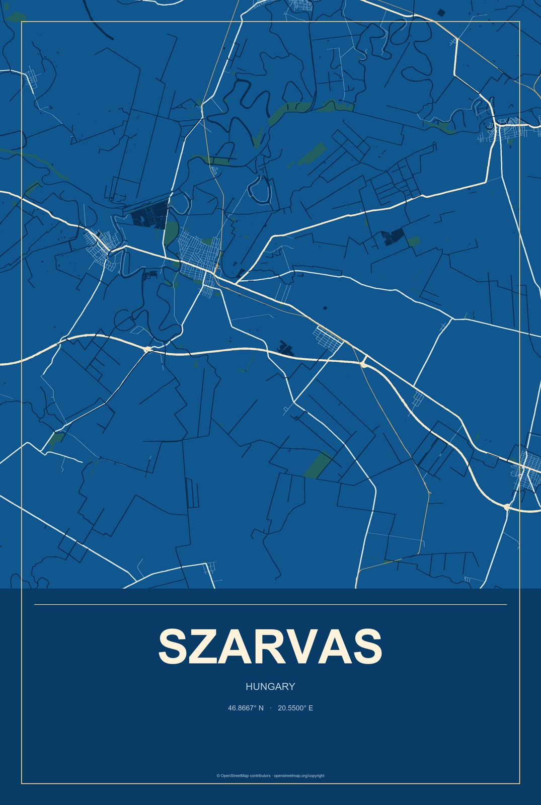 Szarvas, Hungary City Map Aluminum Sign in Harbor Cobalt style
