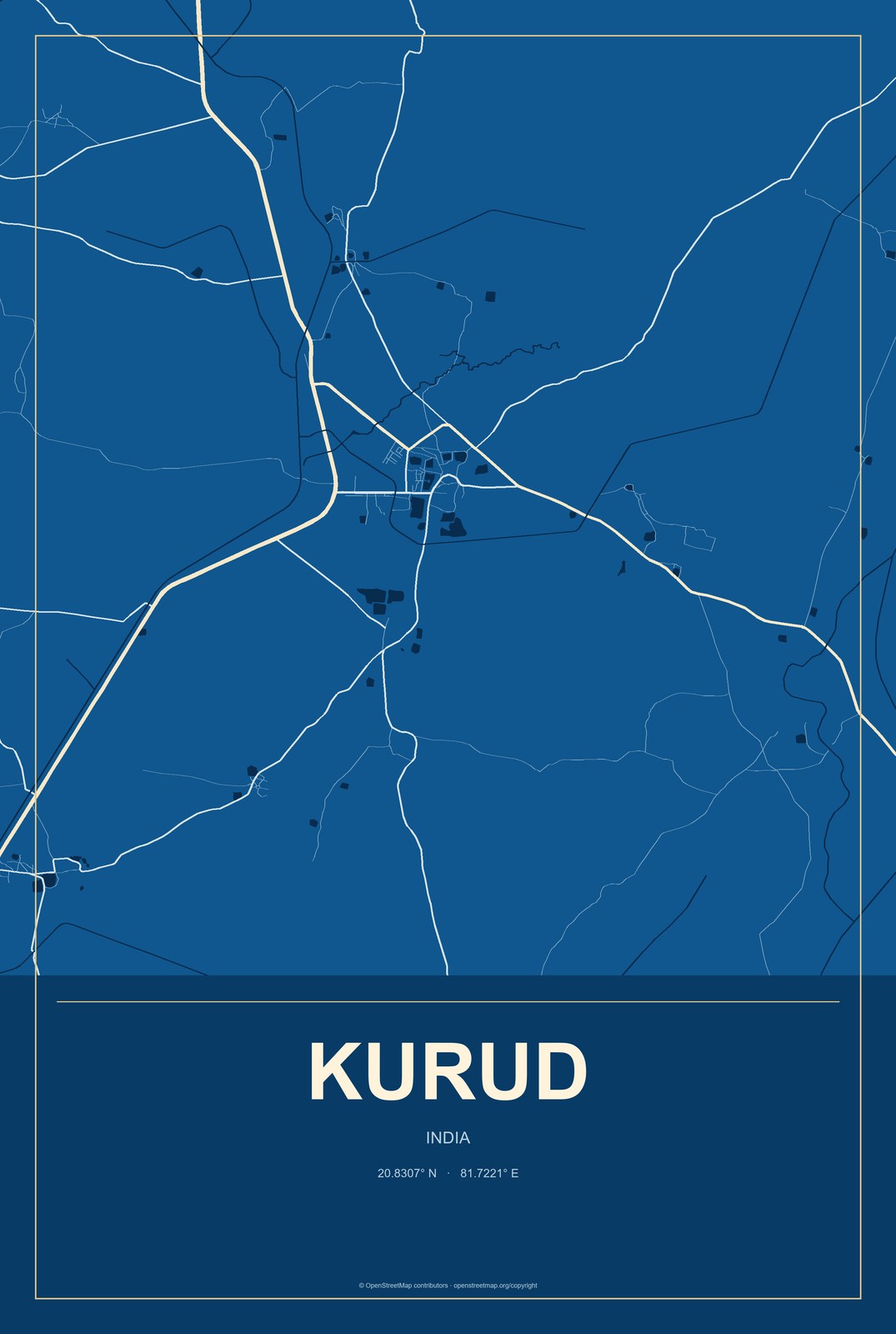 Kurud, India City Map Aluminum Sign in Harbor Cobalt style