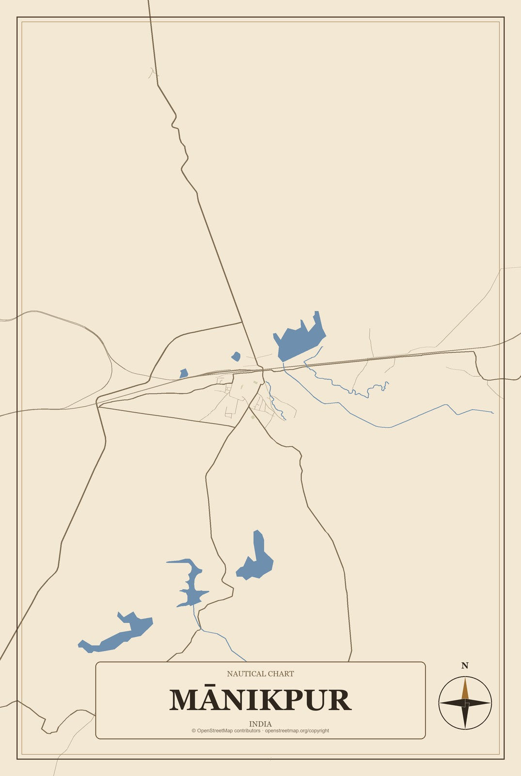 Mānikpur, India City Map Aluminum Sign in Heritage Nautical style