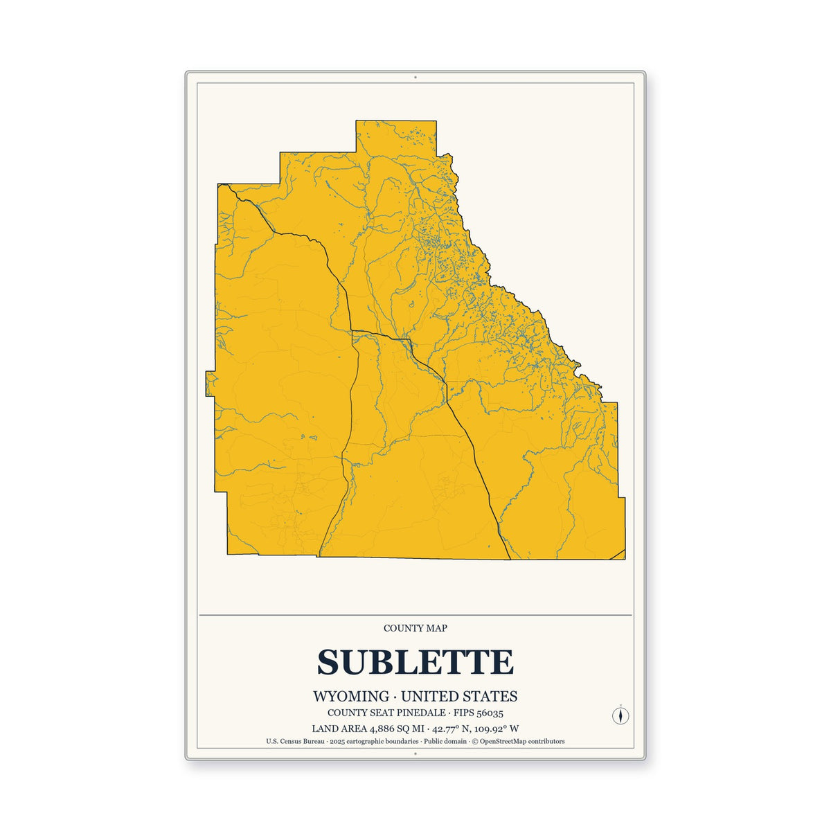 Sublette County, Wyoming Map Aluminum Sign in Citrine Modern style