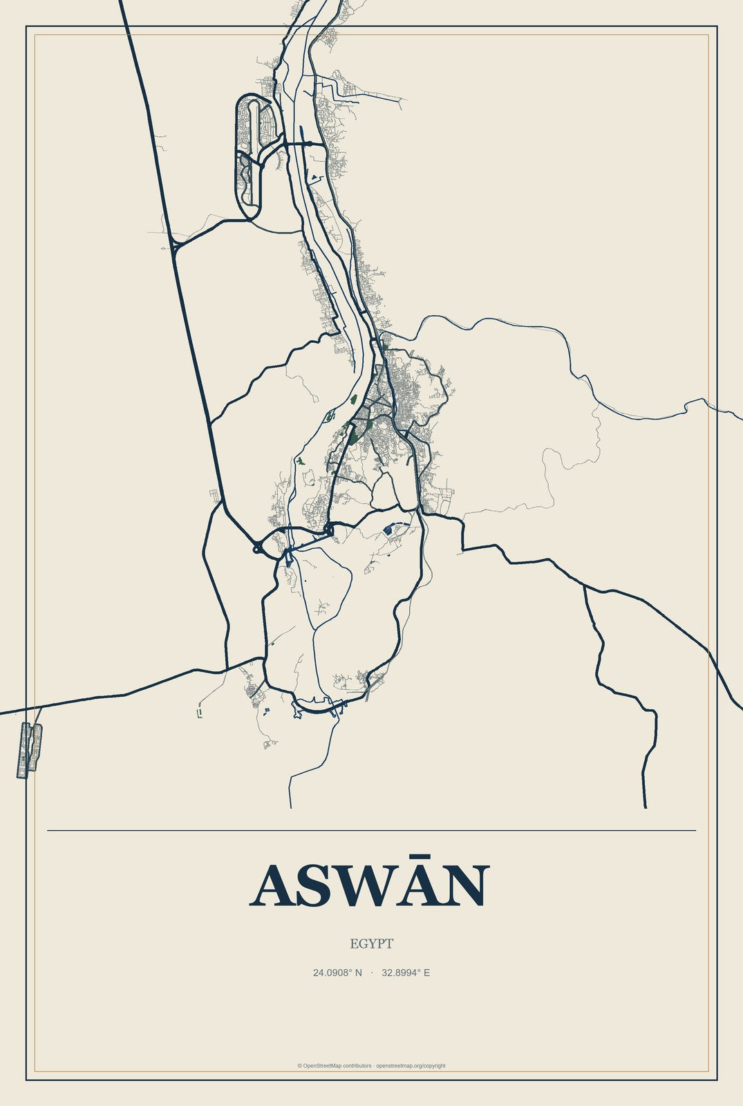 Aswān, Egypt City Map Aluminum Sign in Coastal Cutout style