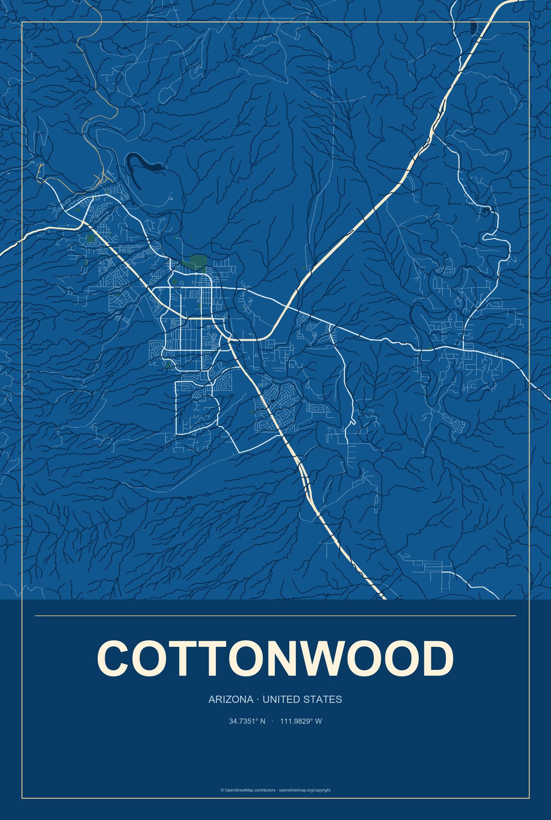 Cottonwood, Arizona City Map Aluminum Sign in Harbor Cobalt style