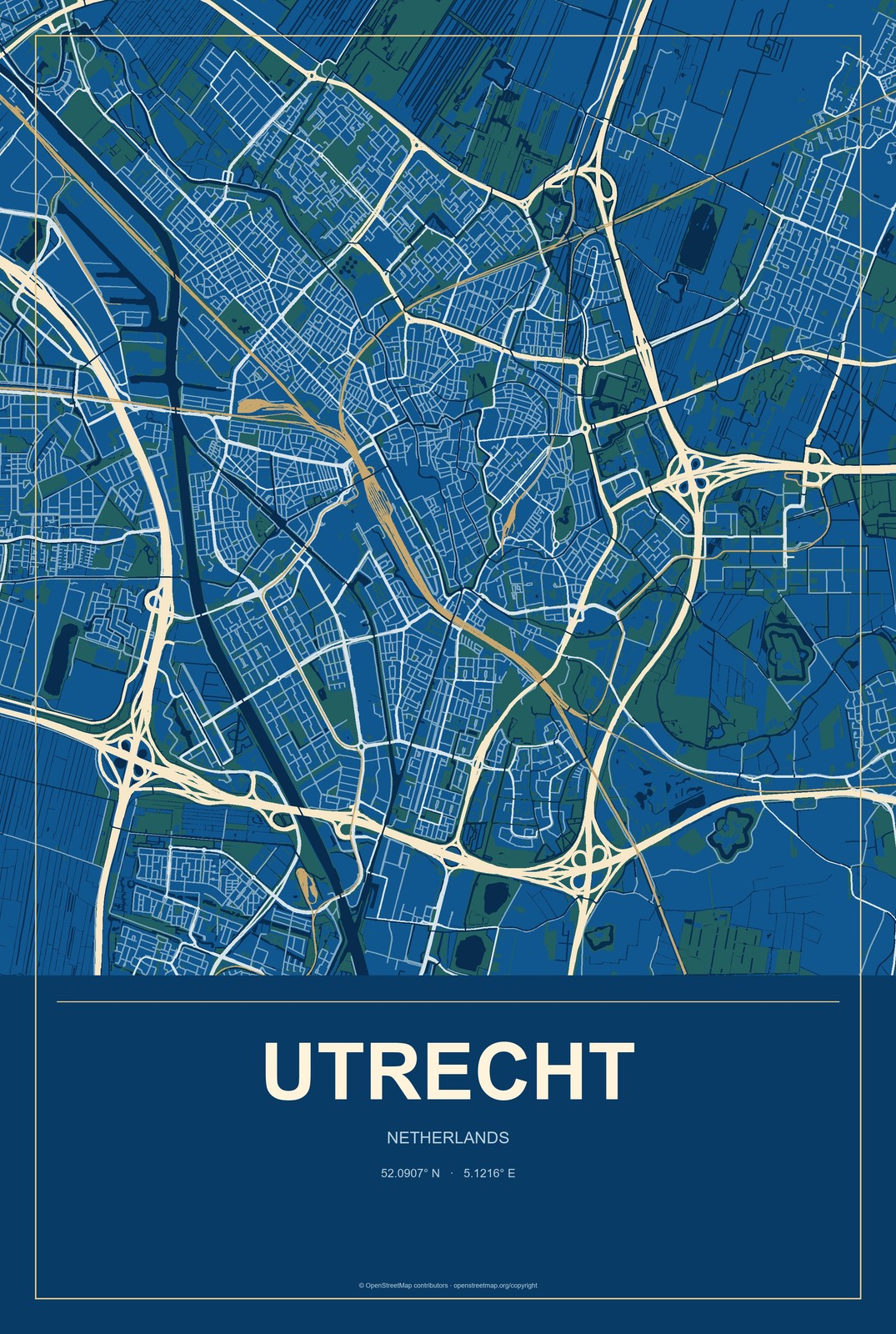 Utrecht, Netherlands City Map Aluminum Sign in Harbor Cobalt style