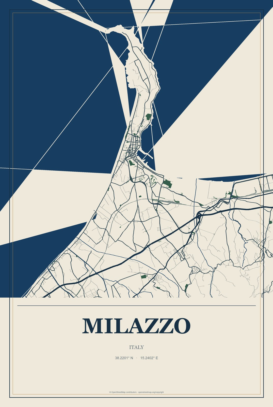 Milazzo, Italy City Map Aluminum Sign in Coastal Cutout style