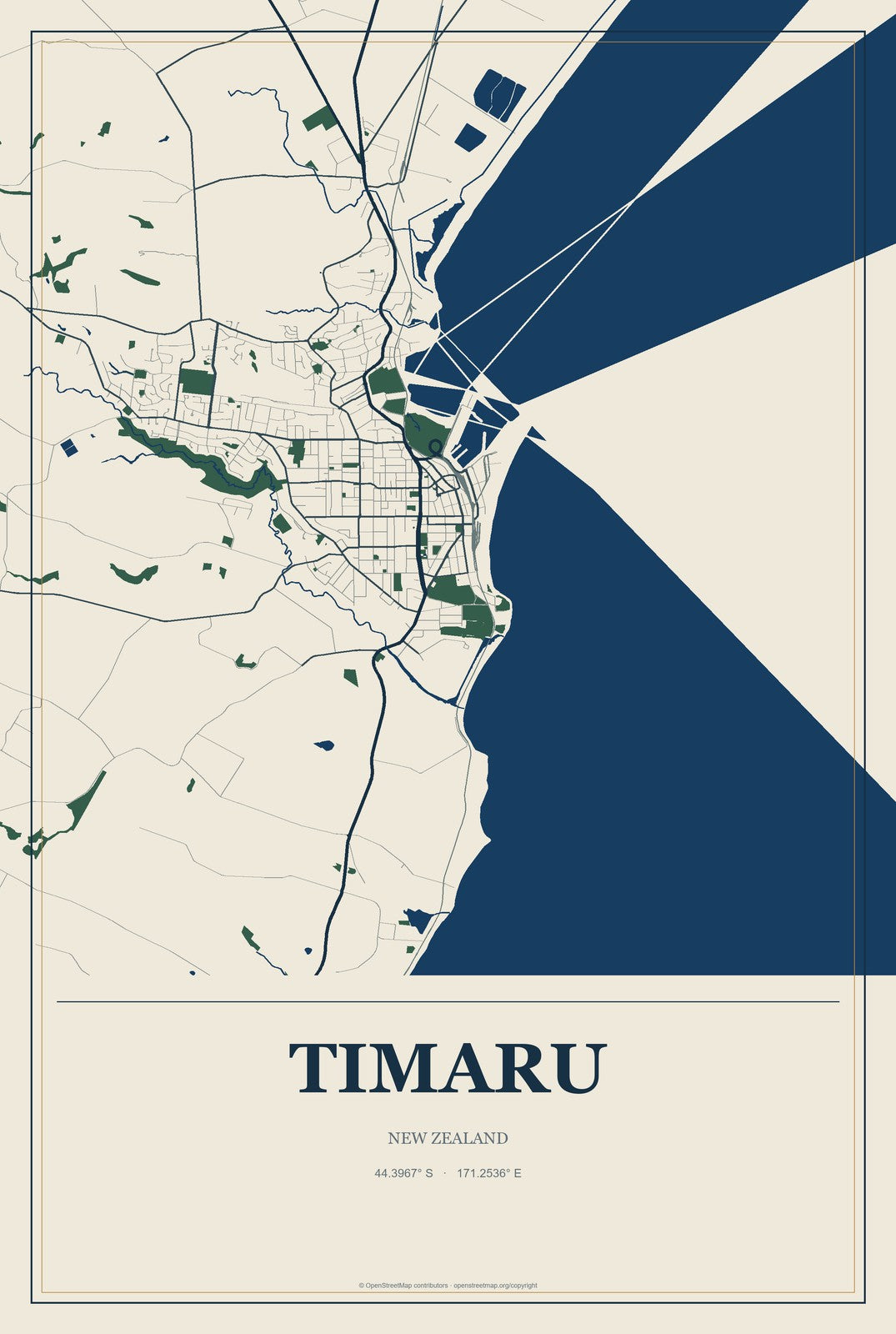 Timaru, New Zealand City Map Aluminum Sign in Coastal Cutout style