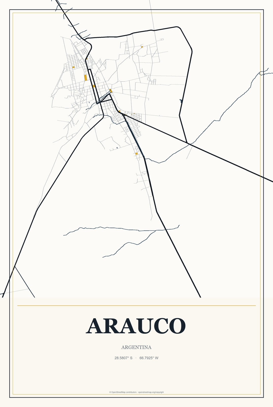 Arauco, Argentina City Map Aluminum Sign in Citrine Modern style