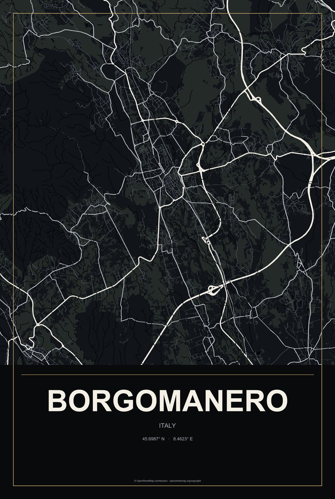 Borgomanero, Italy City Map Aluminum Sign in Metropolitan Noir style