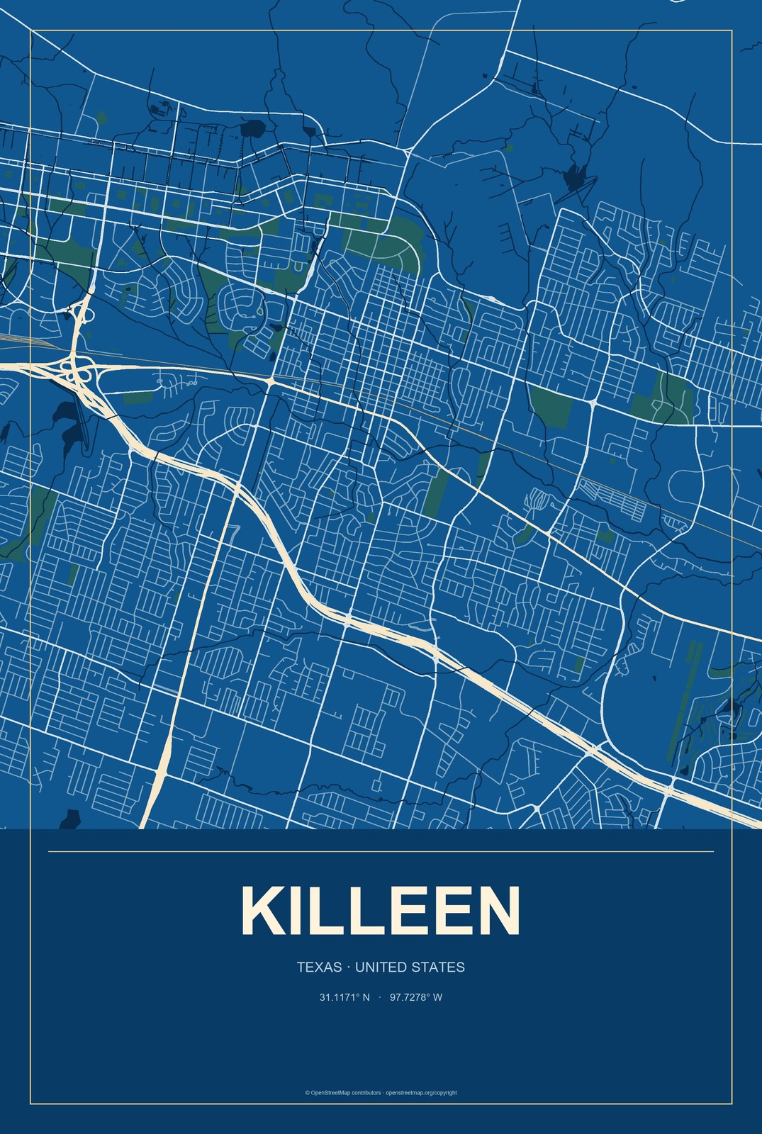 Killeen, Texas City Map Aluminum Sign in Harbor Cobalt style