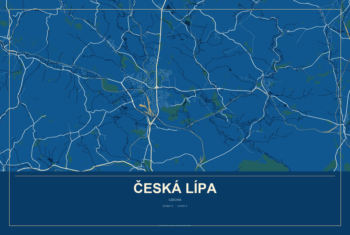 Česká Lípa, Czechia City Map Aluminum Sign in Harbor Cobalt style