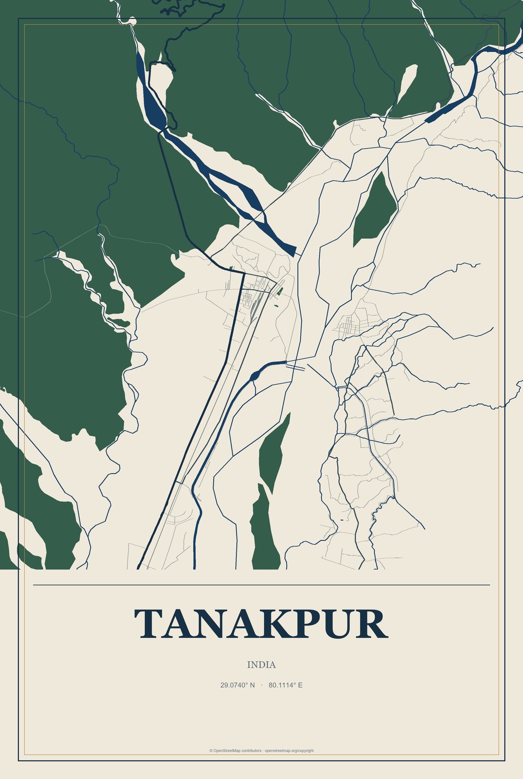 Tanakpur, India City Map Aluminum Sign in Coastal Cutout style