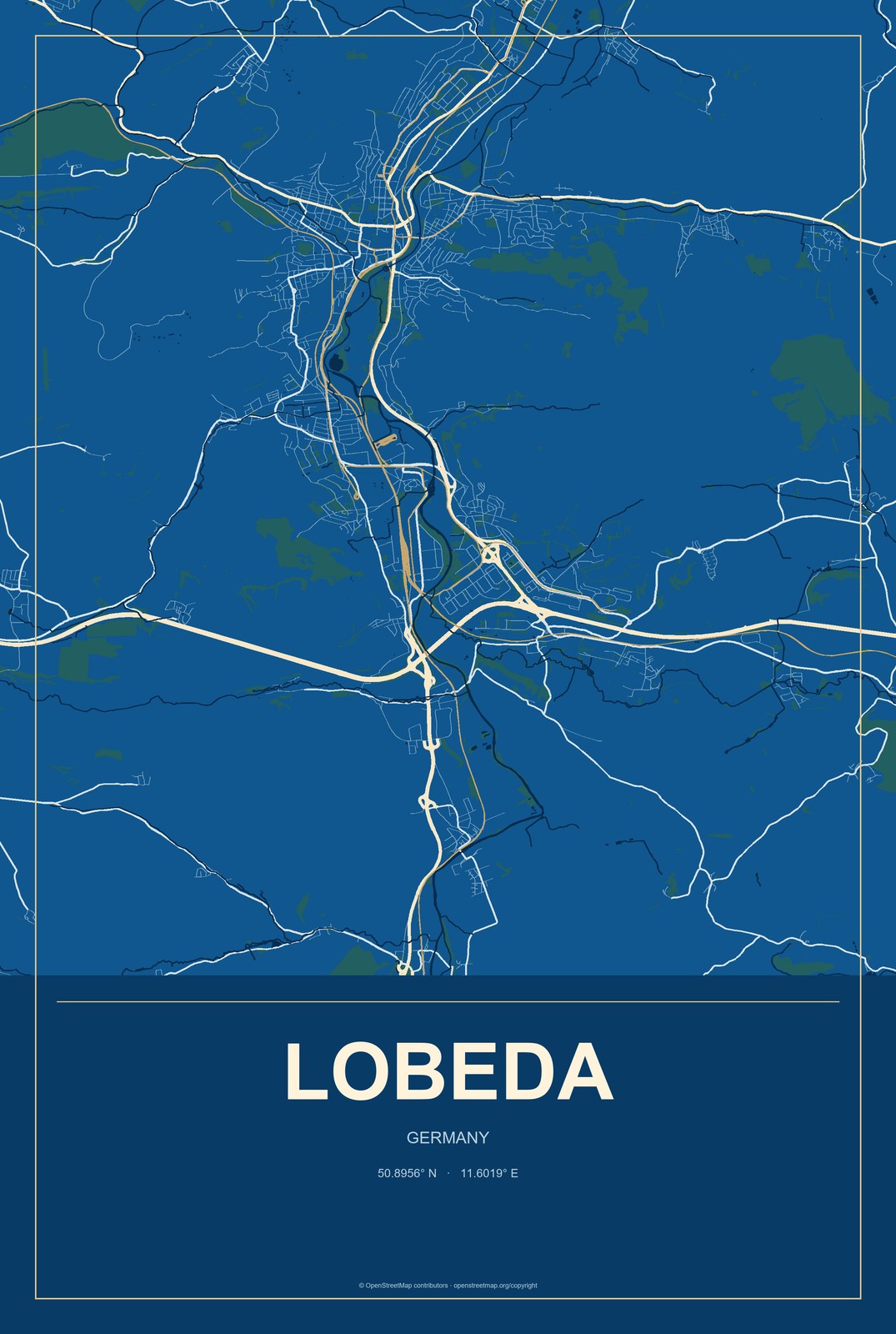 Lobeda, Germany City Map Aluminum Sign in Harbor Cobalt style