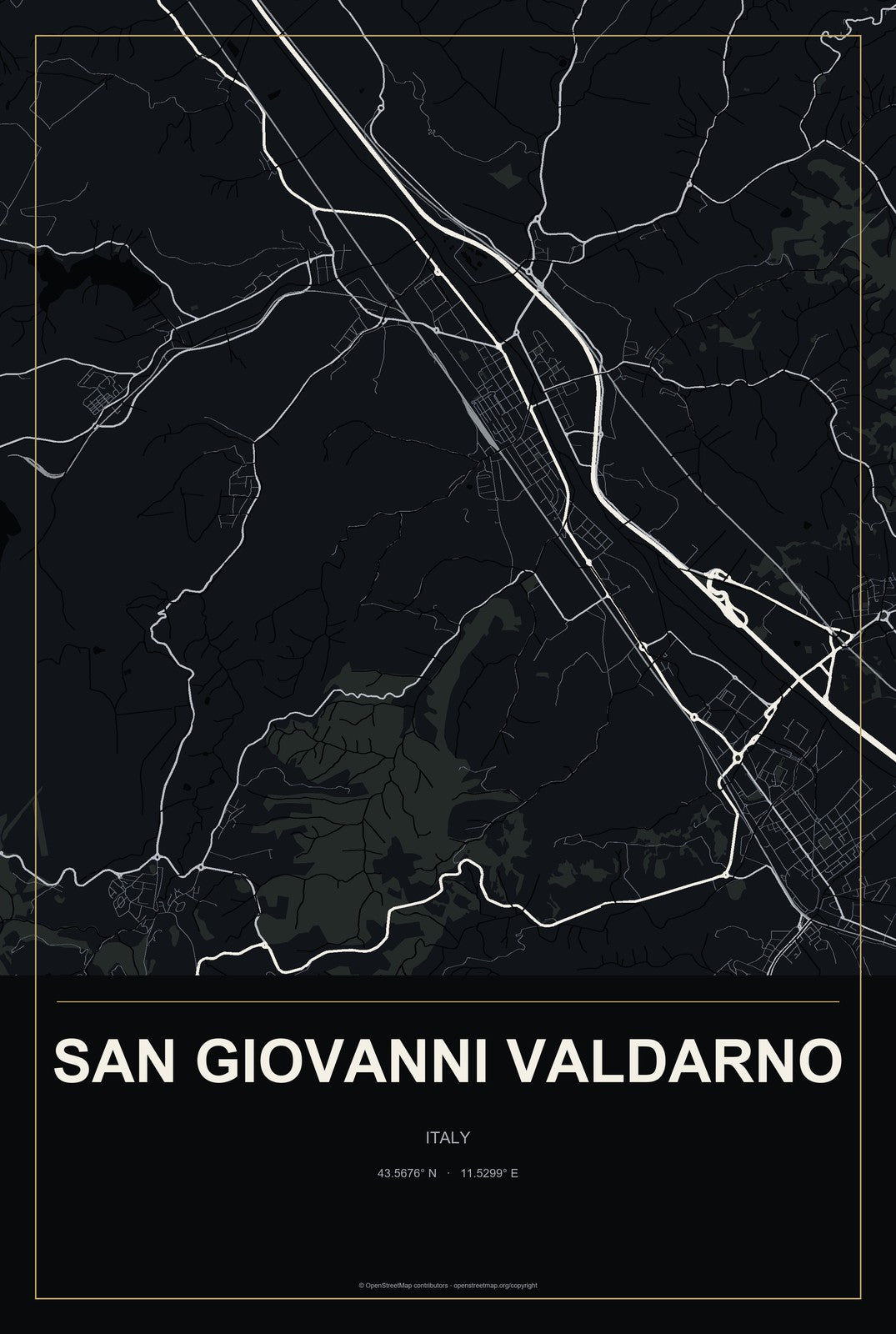 San Giovanni Valdarno, Italy City Map Aluminum Sign in Metropolitan Noir style