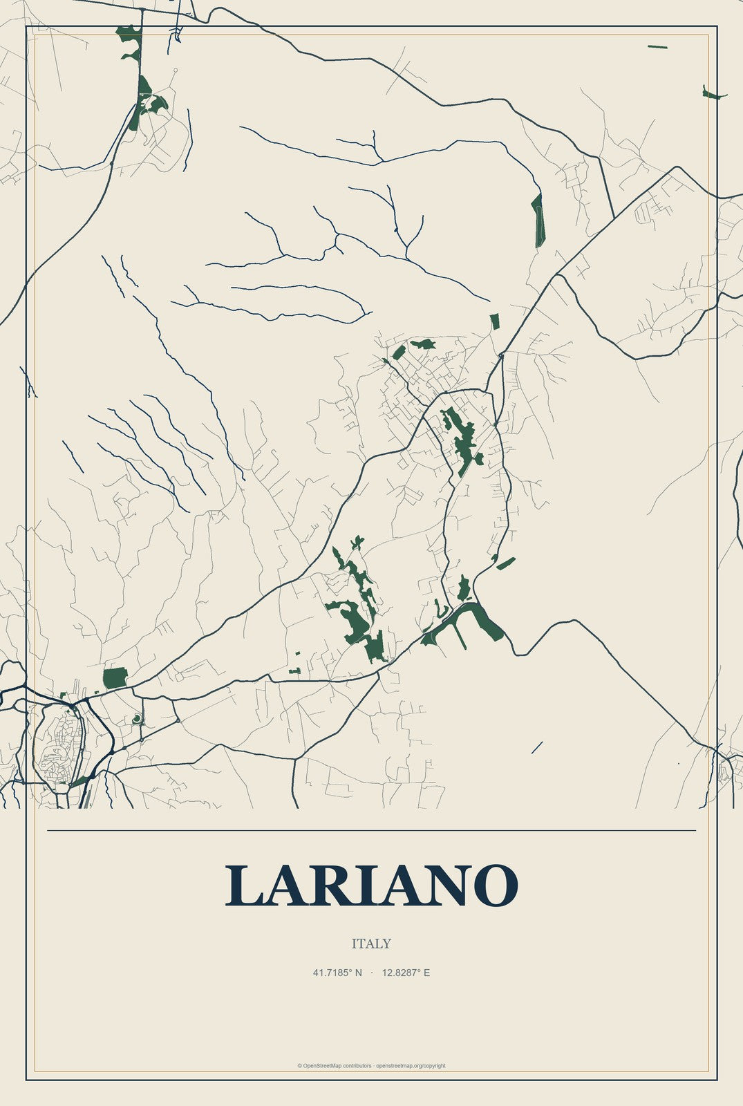 Lariano, Italy City Map Aluminum Sign in Coastal Cutout style