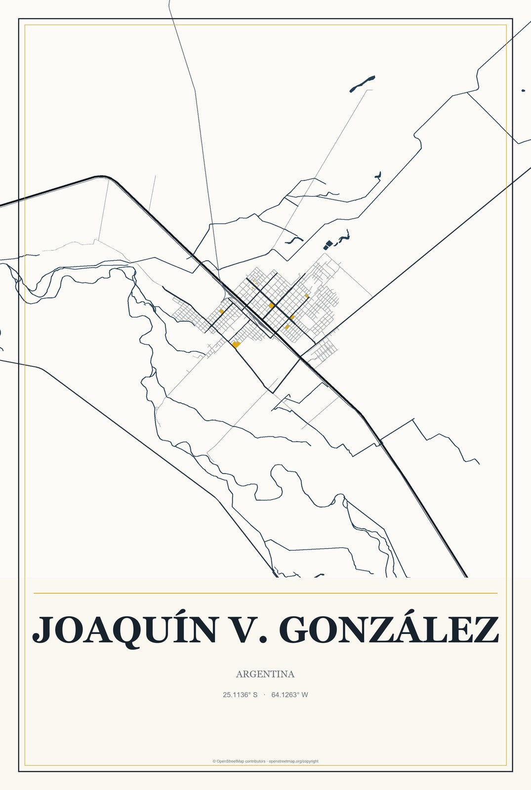 Joaquín V. González, Argentina City Map Aluminum Sign in Citrine Modern style