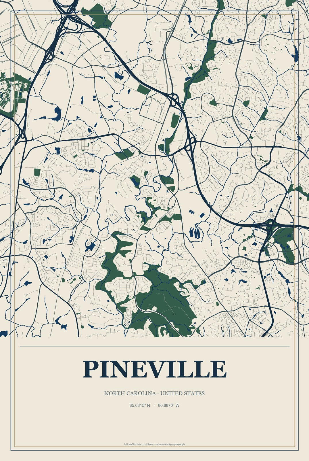 Pineville, North Carolina City Map Aluminum Sign in Coastal Cutout style