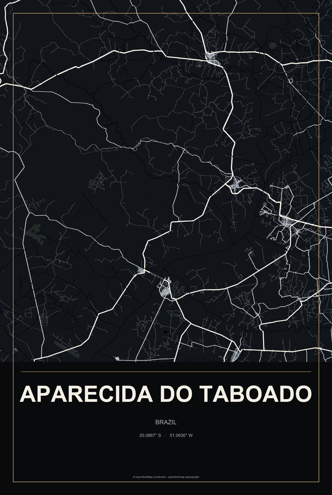 Aparecida do Taboado, Brazil City Map Aluminum Sign in Metropolitan Noir style