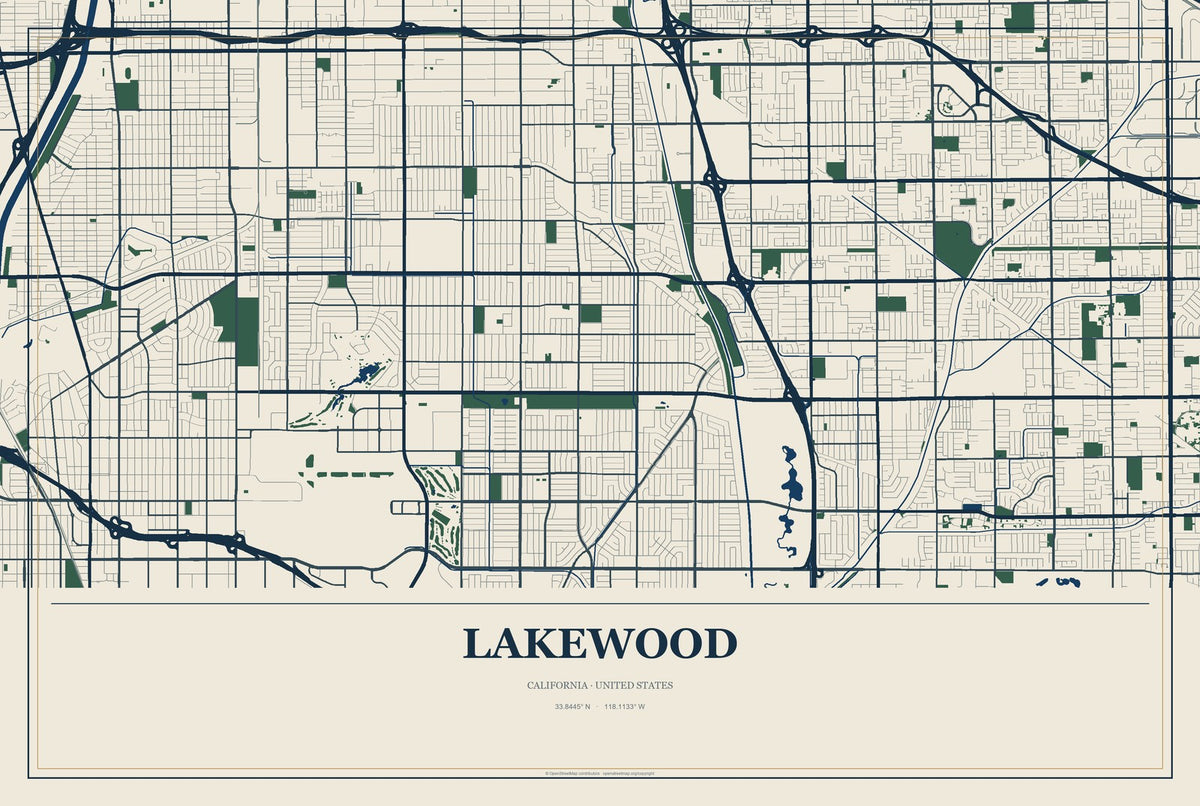 Lakewood, California City Map Aluminum Sign in Coastal Cutout style