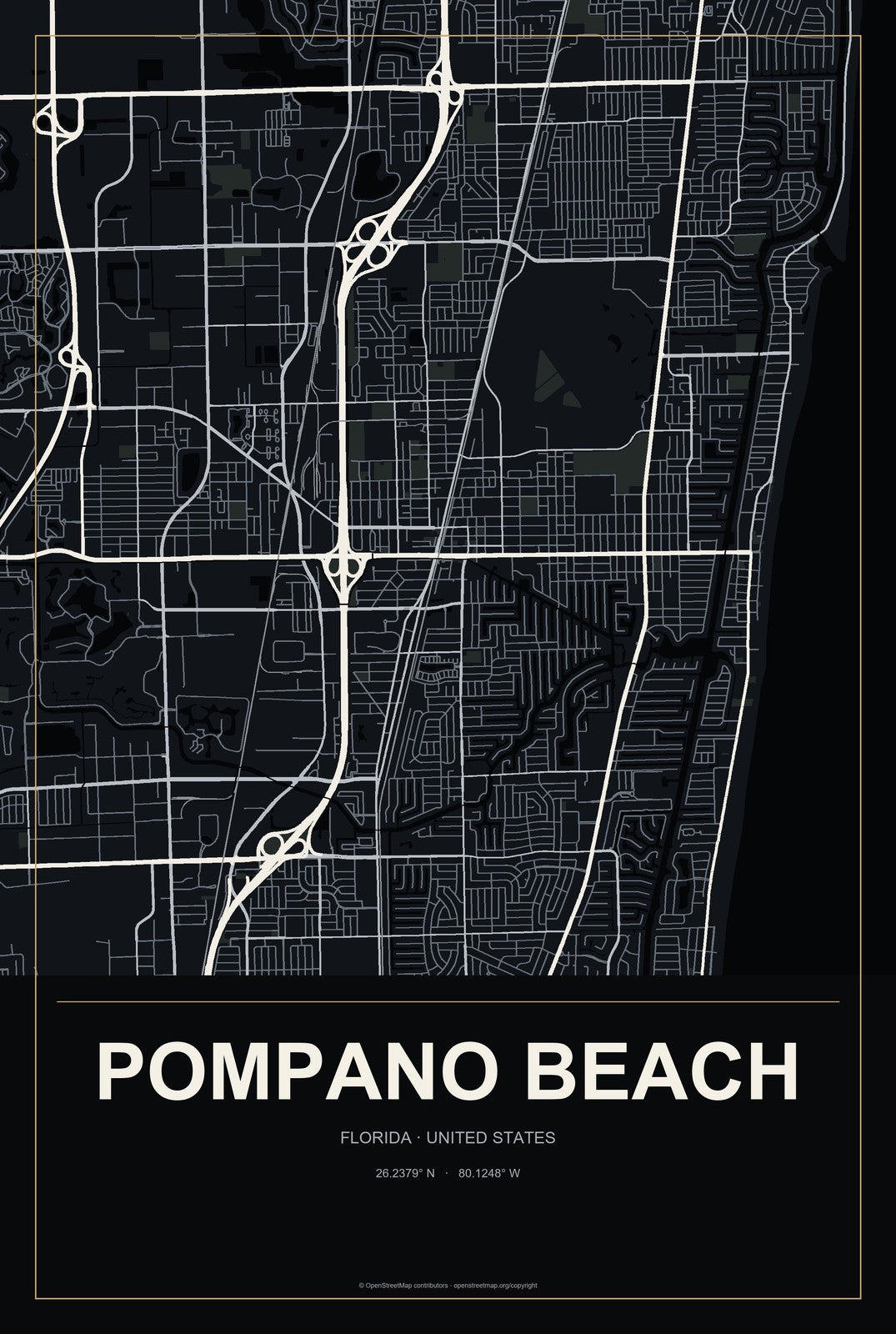 Pompano Beach, Florida City Map Aluminum Sign in Metropolitan Noir style