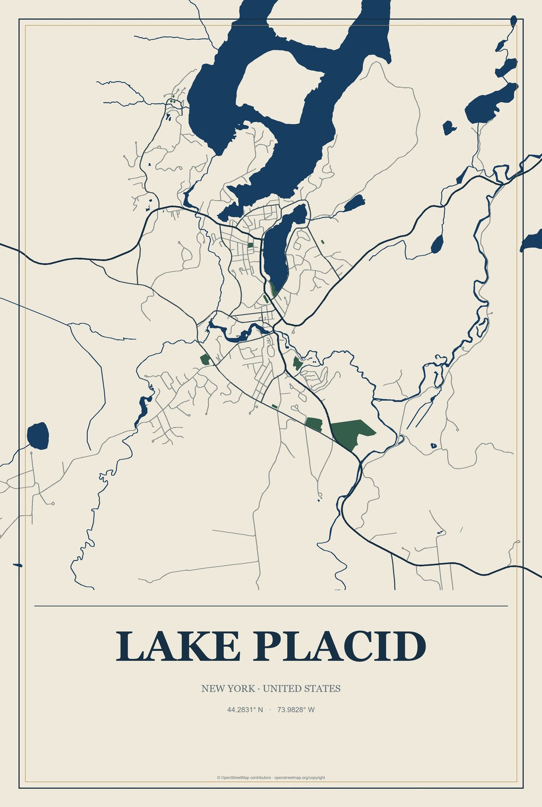 Lake Placid, New York City Map Aluminum Sign in Coastal Cutout style