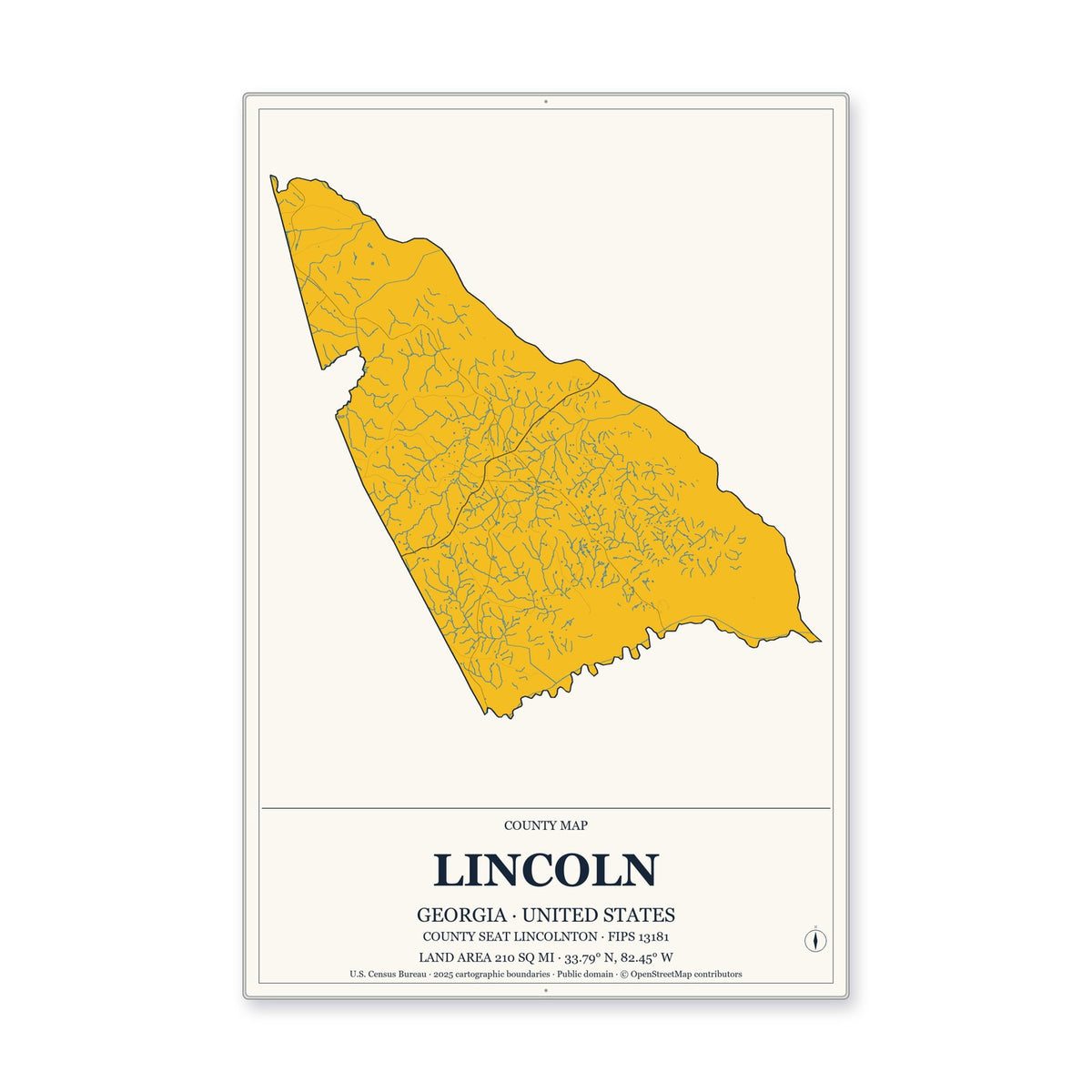 Lincoln County, Georgia Map Aluminum Sign in Citrine Modern style