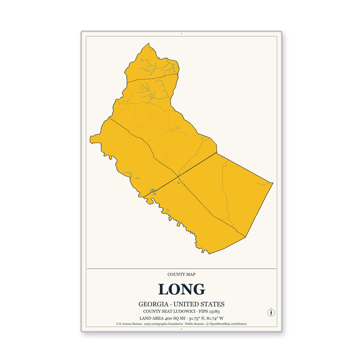 Long County, Georgia Map Aluminum Sign in Citrine Modern style