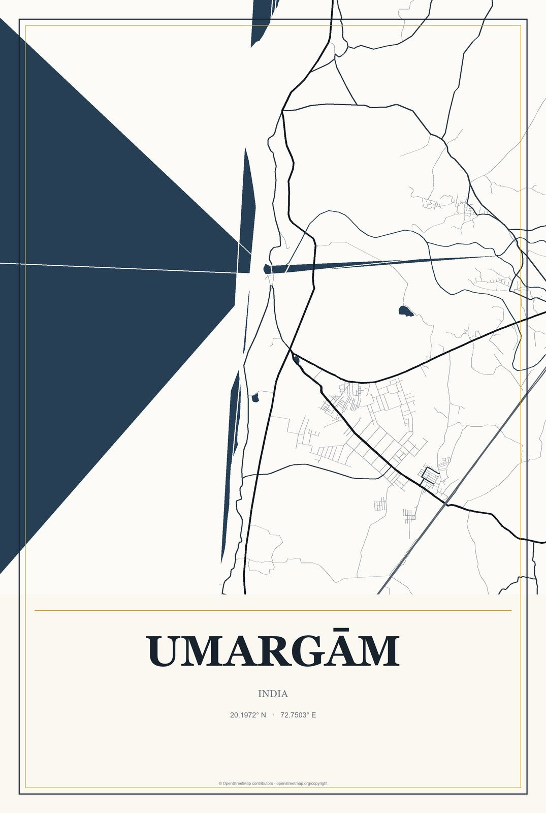 Umargām, India City Map Aluminum Sign in Citrine Modern style