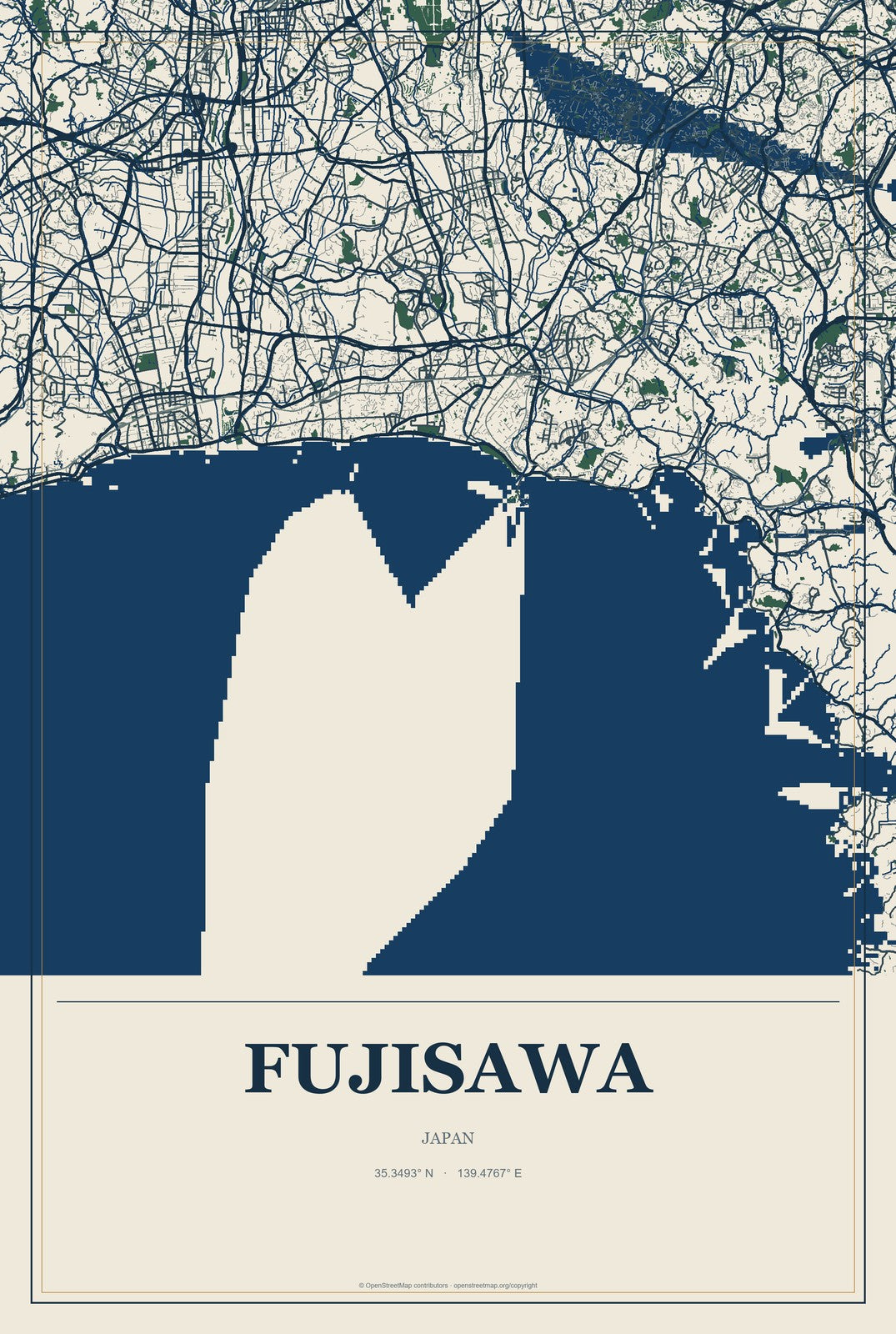 Fujisawa, Japan City Map Aluminum Sign in Coastal Cutout style