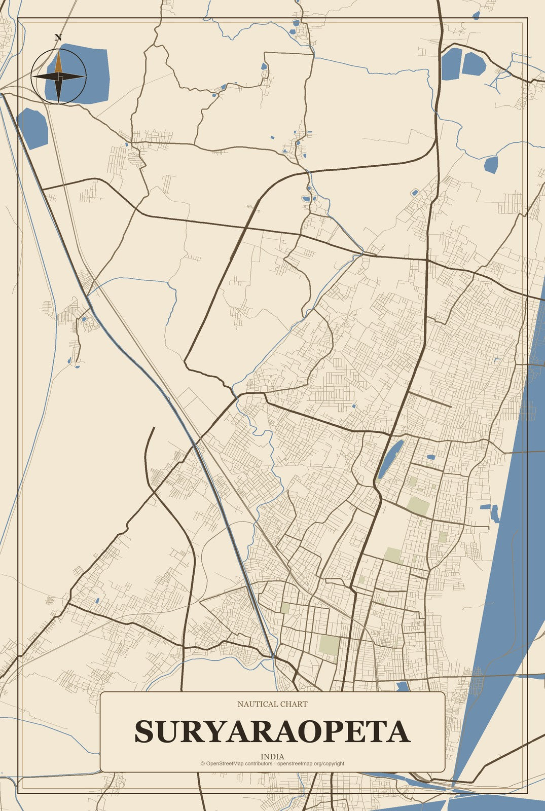 Suryaraopeta, India City Map Aluminum Sign in Heritage Nautical style