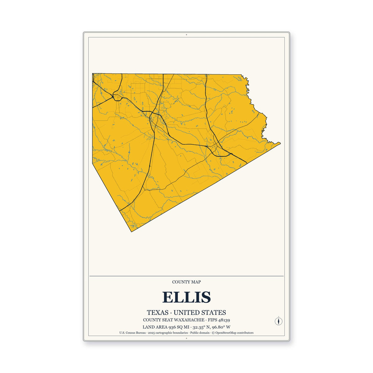 Ellis County, Texas Map Aluminum Sign in Citrine Modern style