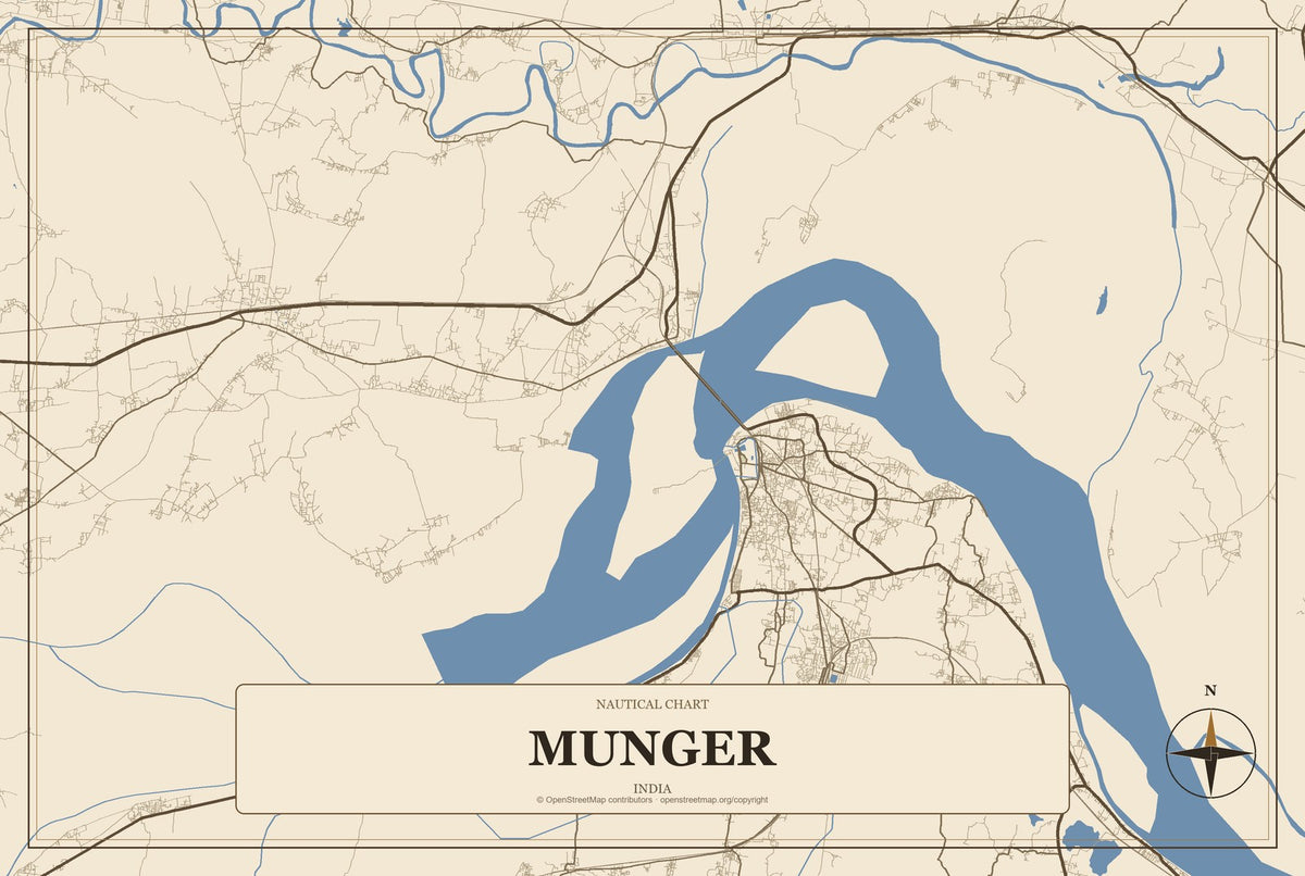 Munger, India City Map Aluminum Sign in Heritage Nautical style