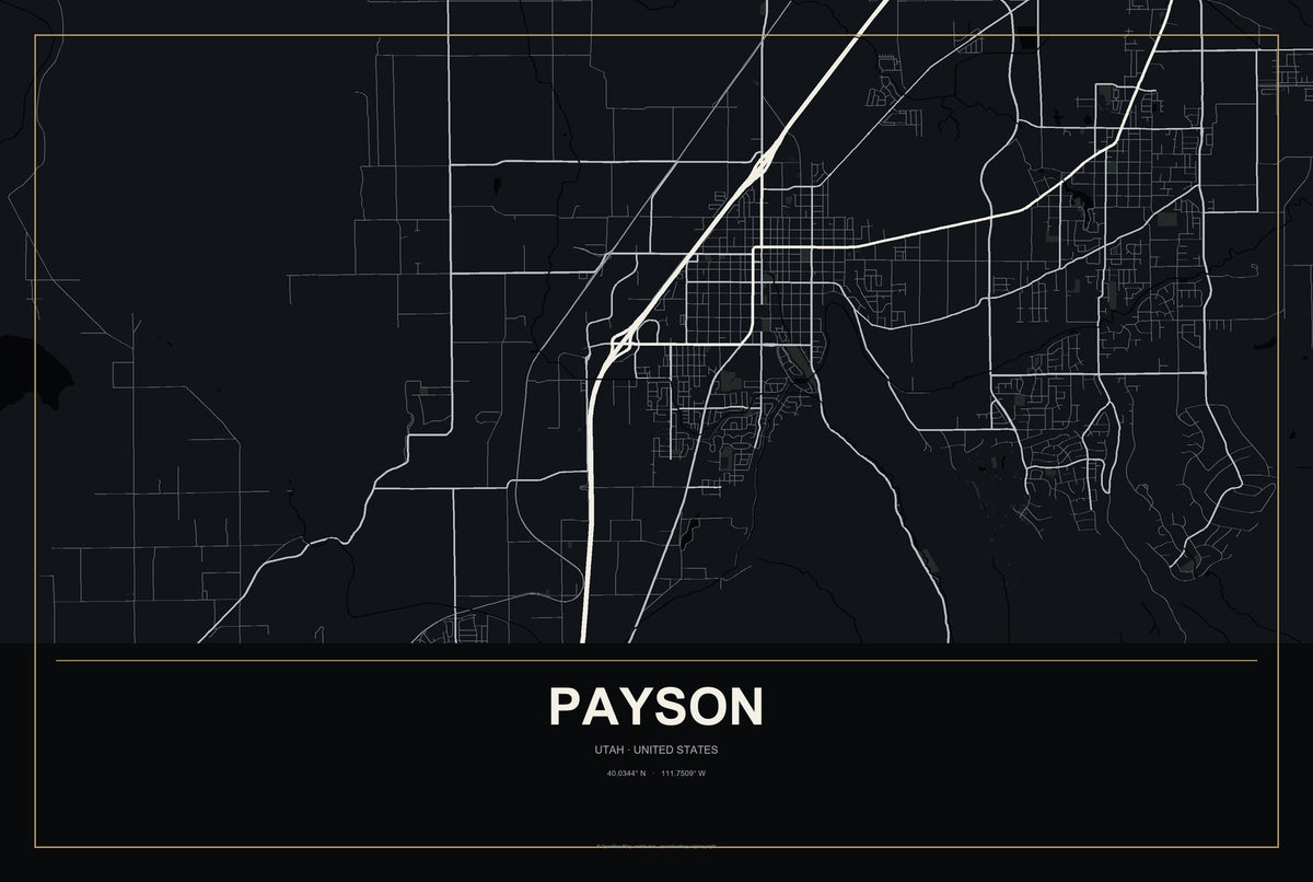 Payson, Utah City Map Aluminum Sign in Metropolitan Noir style