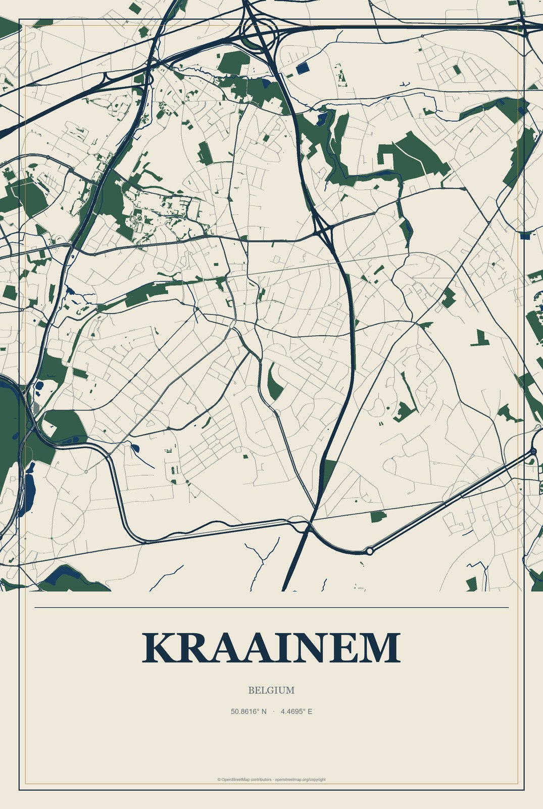 Kraainem, Belgium City Map Aluminum Sign in Coastal Cutout style
