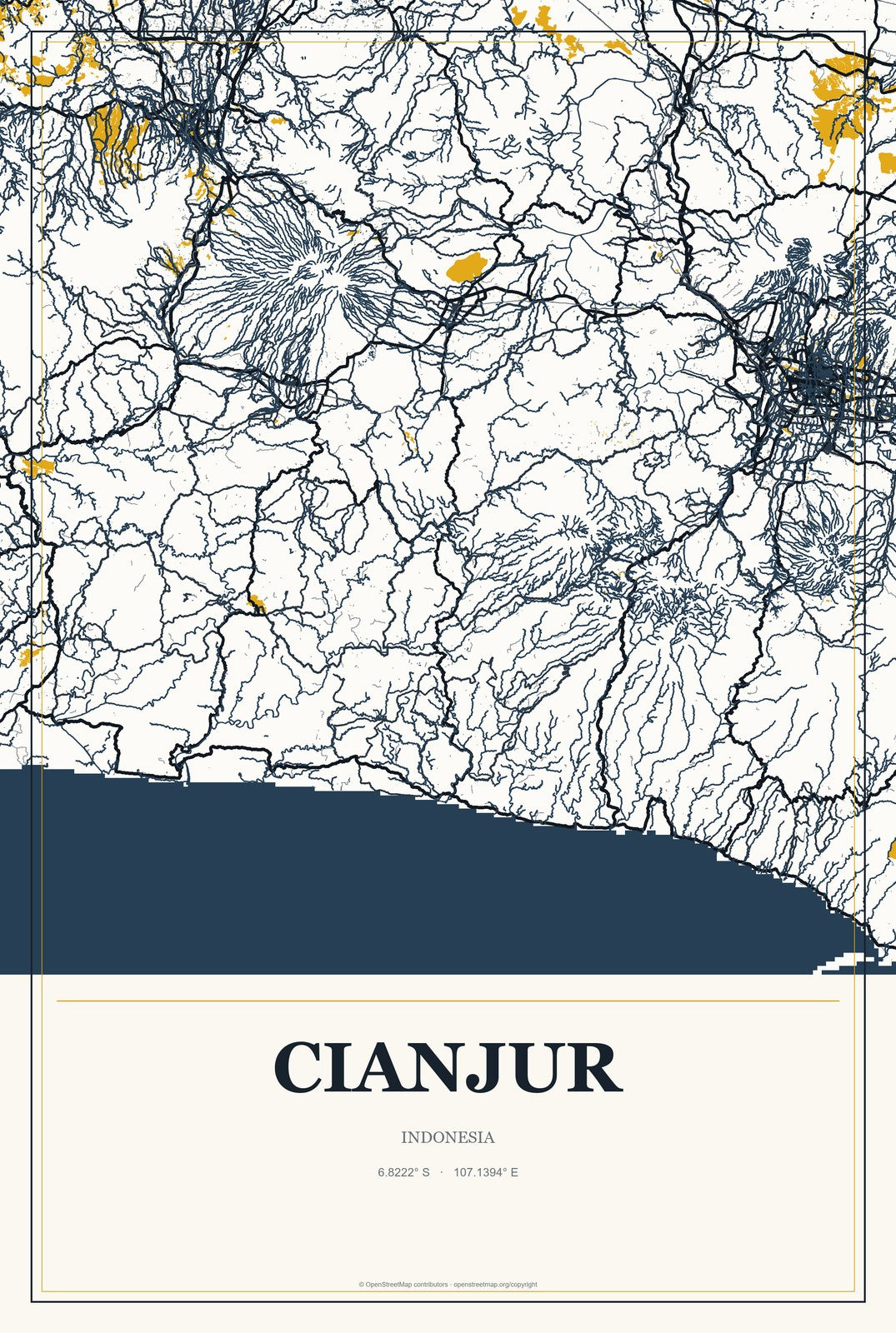Cianjur, Indonesia City Map Aluminum Sign in Citrine Modern style