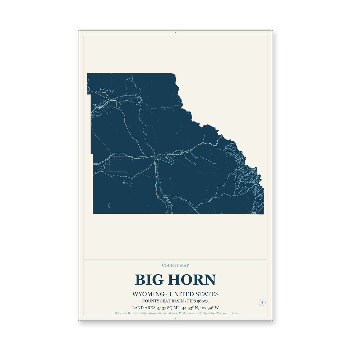 Big Horn County, Wyoming Map Aluminum Sign in Coastal Cutout style