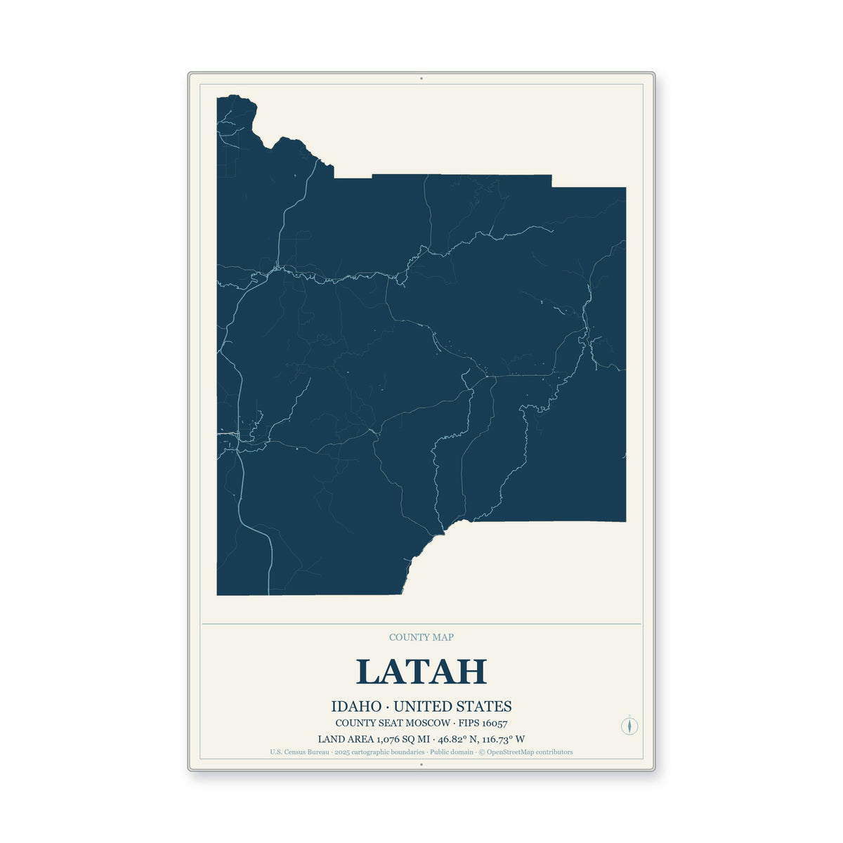 Latah County, Idaho Map Aluminum Sign in Coastal Cutout style