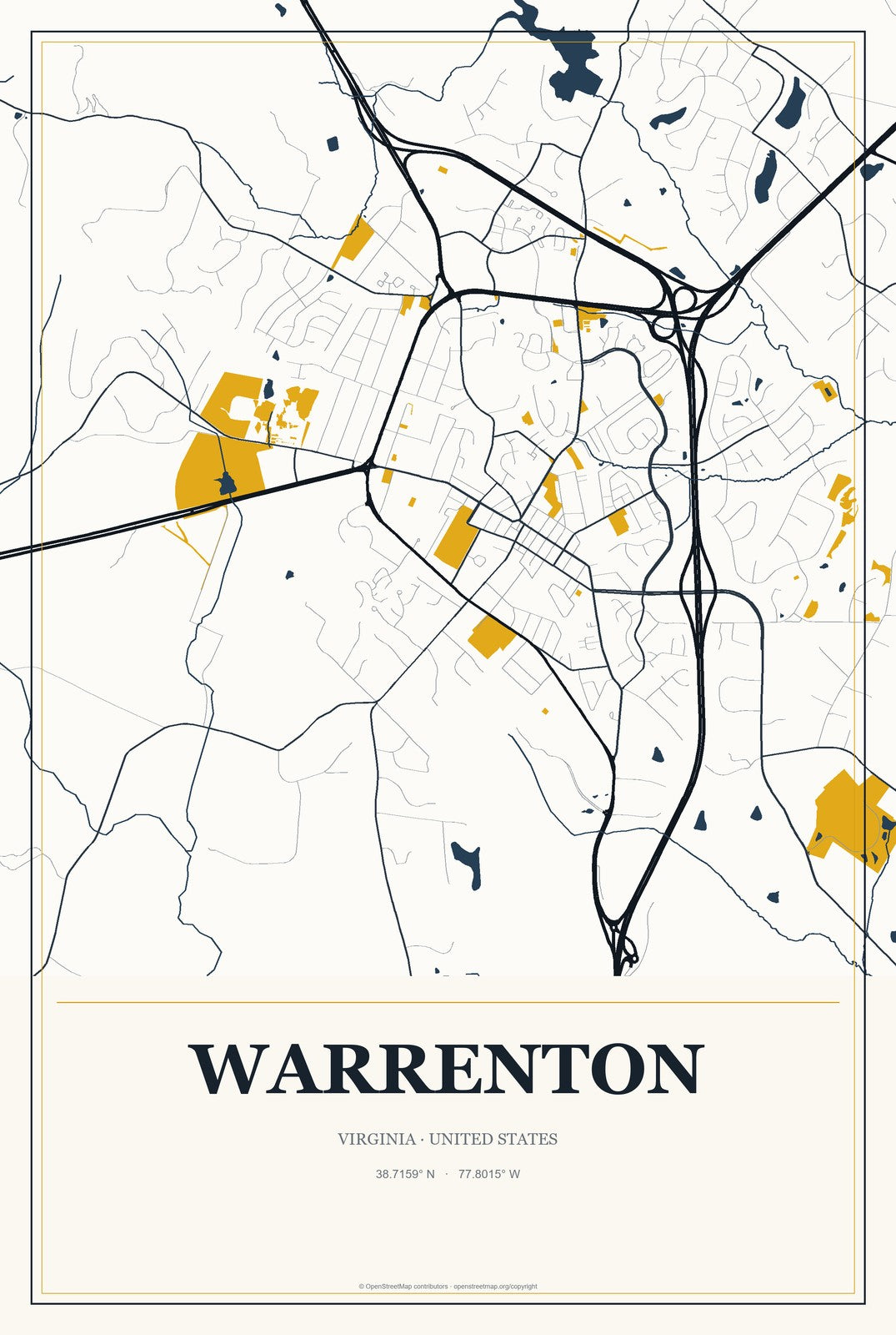 Warrenton, Virginia City Map Aluminum Sign in Citrine Modern style