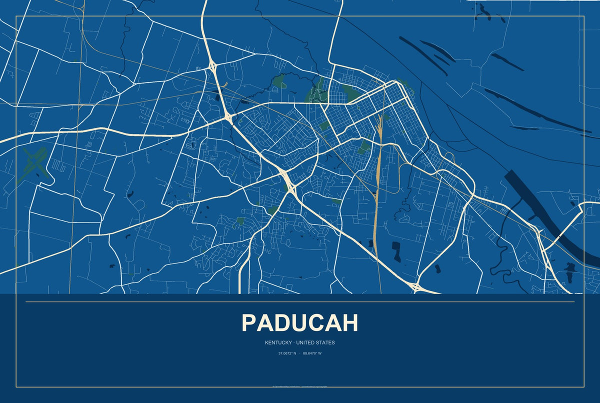 Paducah, Kentucky City Map Aluminum Sign in Harbor Cobalt style