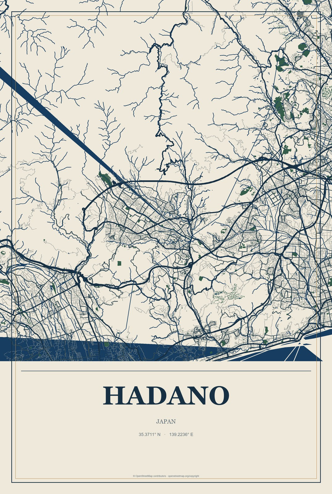 Hadano, Japan City Map Aluminum Sign in Coastal Cutout style